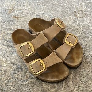 Birkenstock Beige Suede Sandals with Brass Buckles
